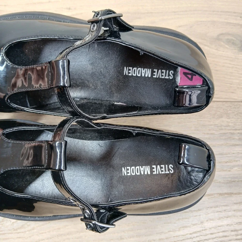 Steve Madden Jgene Flats Girls 4 Black Patent Mary Jane Platform Goth Preppy